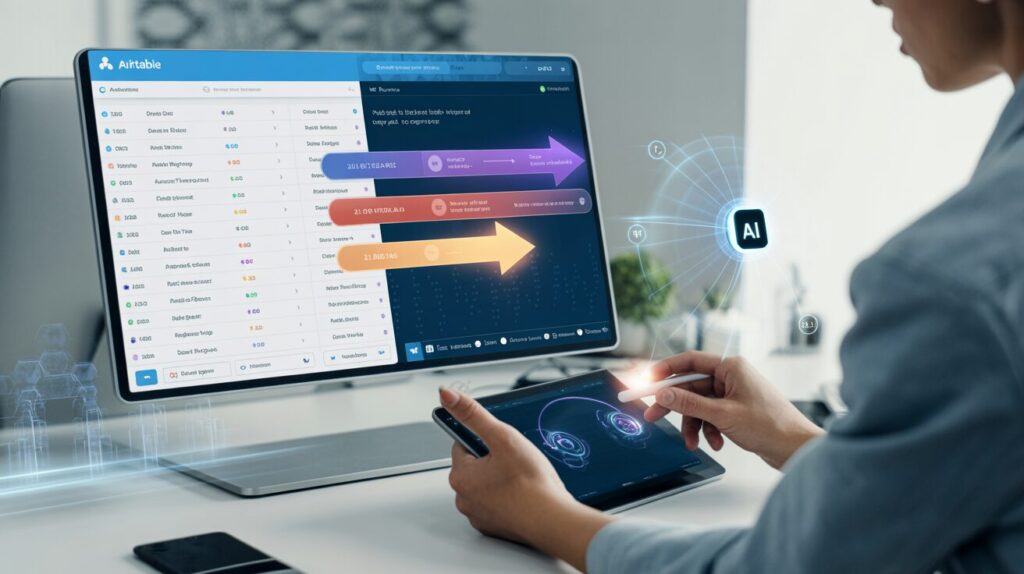 Modern workspace with Airtable and AI integration, glowing arrows, and holographic data.