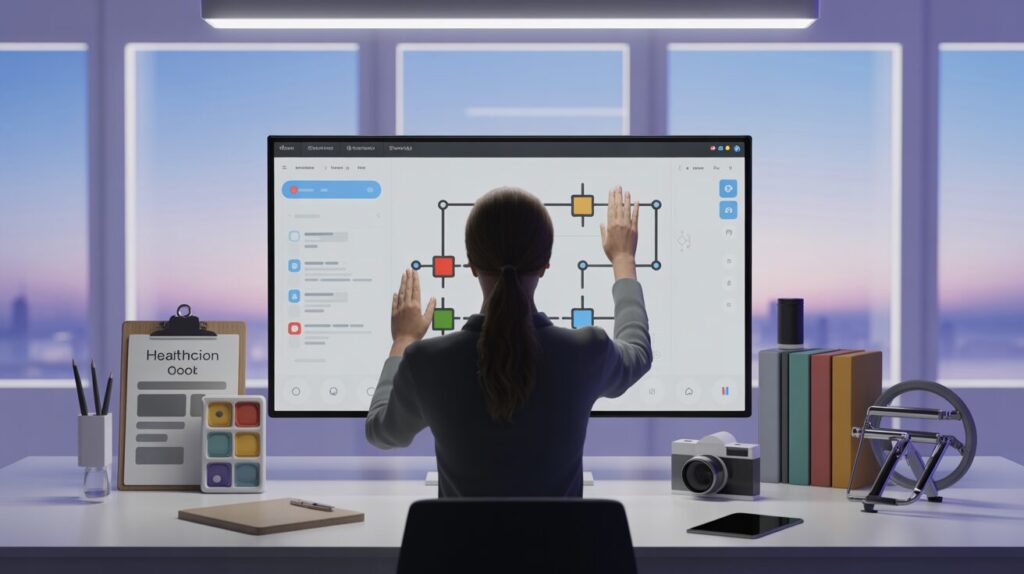 Modern workspace with drag-and-drop AI flow on touchscreen, diverse tools, cityscape view.