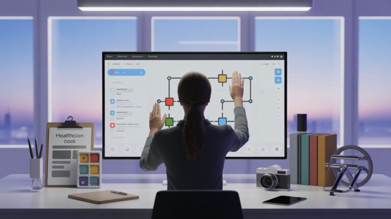 Modern workspace with drag-and-drop AI flow on touchscreen, diverse tools, cityscape view.