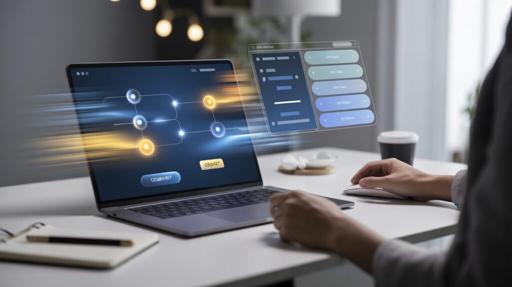 Modern workspace with laptop showing glowing software interface, hands on mouse, bokeh-lit tech office.