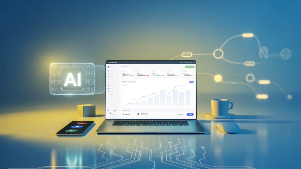 Modern workspace with laptop showing growth charts, holographic AI interface, sleek tech elements.