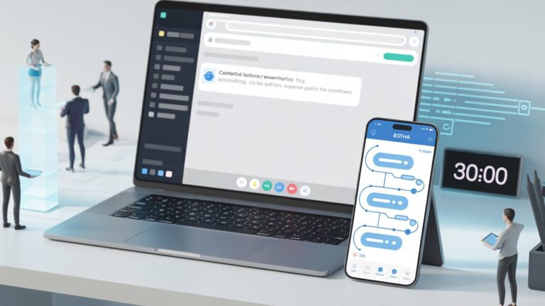 Modern workspace with laptop showing Slack, phone displaying no-code bot creation, holographic team figures.