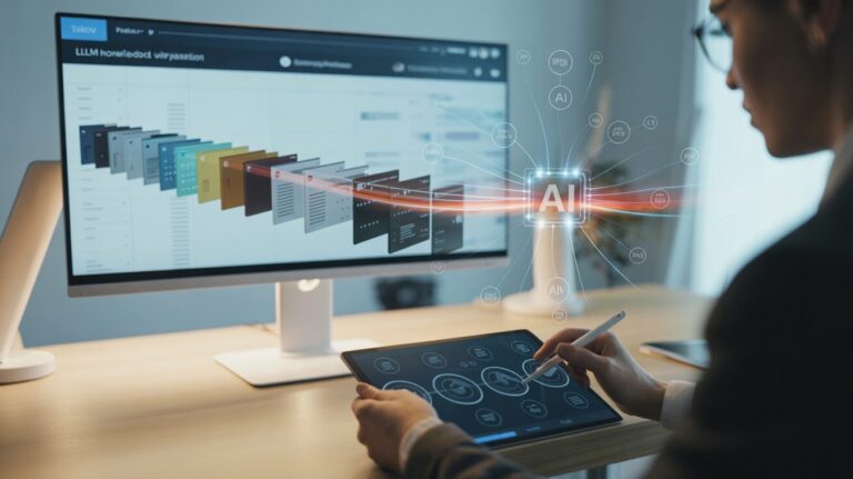 Modern workspace with ultrawide monitor showing LLM data upload, hands using tablet, AI visuals.