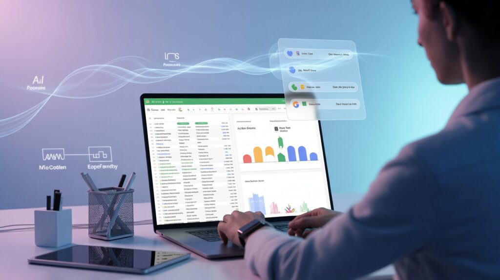 Professional at laptop with Google Sheets, colorful graphs, no-code workflow, modern office.