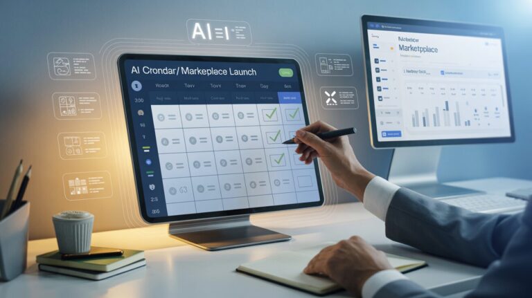 Professional workspace with a digital calendar, AI elements, and sleek tech setup.
