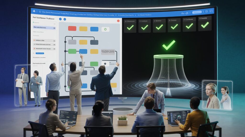 Split-screen AI workspace with professionals collaborating on no-code platform interface.