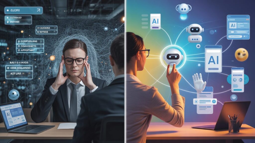 Split-screen of AI adoption: frustrated vs. confident user interfaces in modern office.