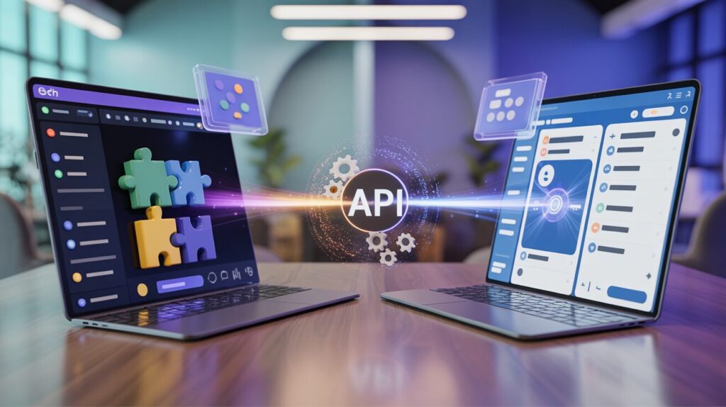 Split-screen of Estha AI and Microsoft Teams with glowing API connection, in tech office.