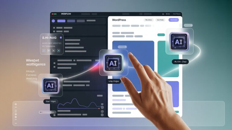 Split-screen workspace with Webflow, WordPress; hand drags AI widget; holographic UI, data metrics.