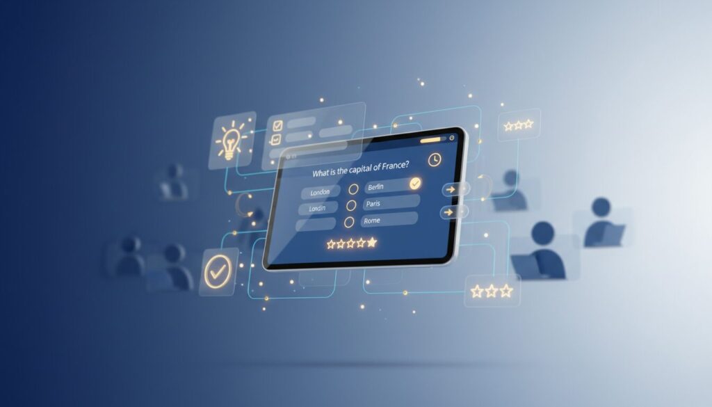 3D digital quiz interface with sleek tablet, holographic UI, and educational icons on a blue gradient background.