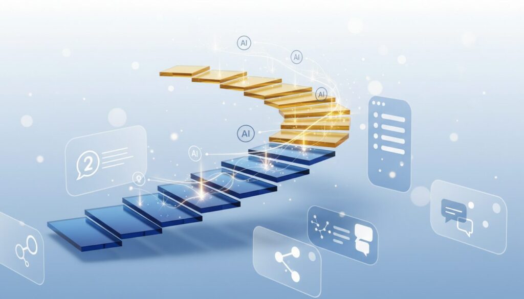 3D glass pathway with glowing steps, AI nodes, and tech elements; modern educational theme.