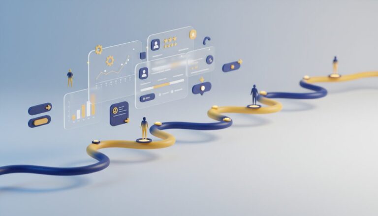 3D isometric visualization of AI-driven customer journey with blue-yellow gradient path, UI elements, and human silhouettes.