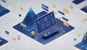 3D isometric workspace with AI quiz on tablet, Bloom's Taxonomy, geometric nodes, deep blue and gold design.