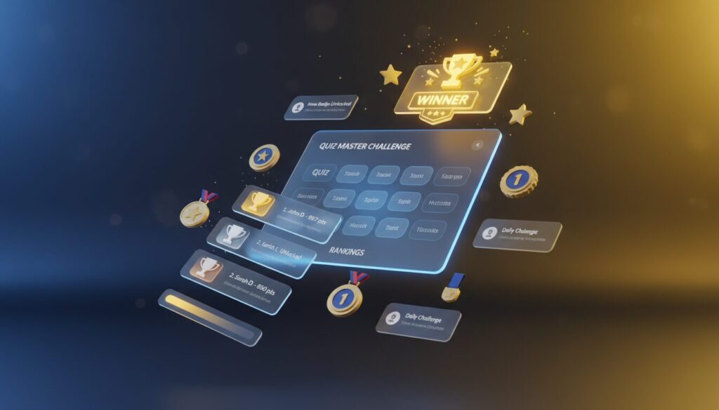 3D quiz dashboard with leaderboard, gold trophies on gradient blue-yellow background