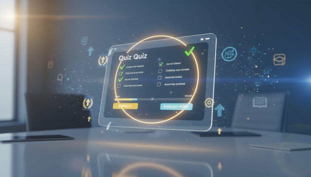 3D quiz interface on sleek tablet in modern workspace, deep blue and gold hues, educational icons blurred.