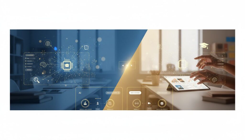 AI and human teaching collaboration in modern classroom with digital interfaces.