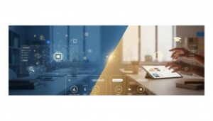 AI and human teaching collaboration in modern classroom with digital interfaces.