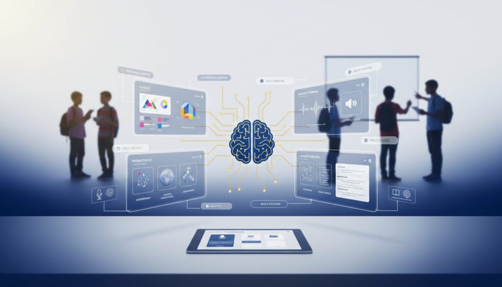 AI brain icon connects holographic screens with diverse learning methods, modern desk setup.