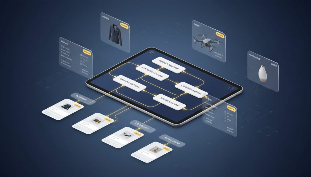 AI e-commerce categorization interface with product cards, holographic elements, and dynamic workflow.
