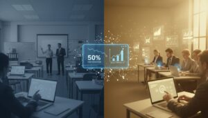 AI-enhanced learning with diverse professionals, cost-saving metrics, vibrant digital interfaces.