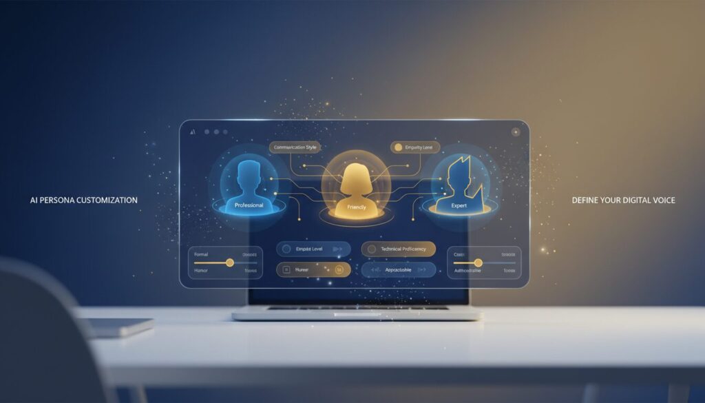 AI persona customization interface with avatar silhouettes, floating UI elements, and modern workspace.