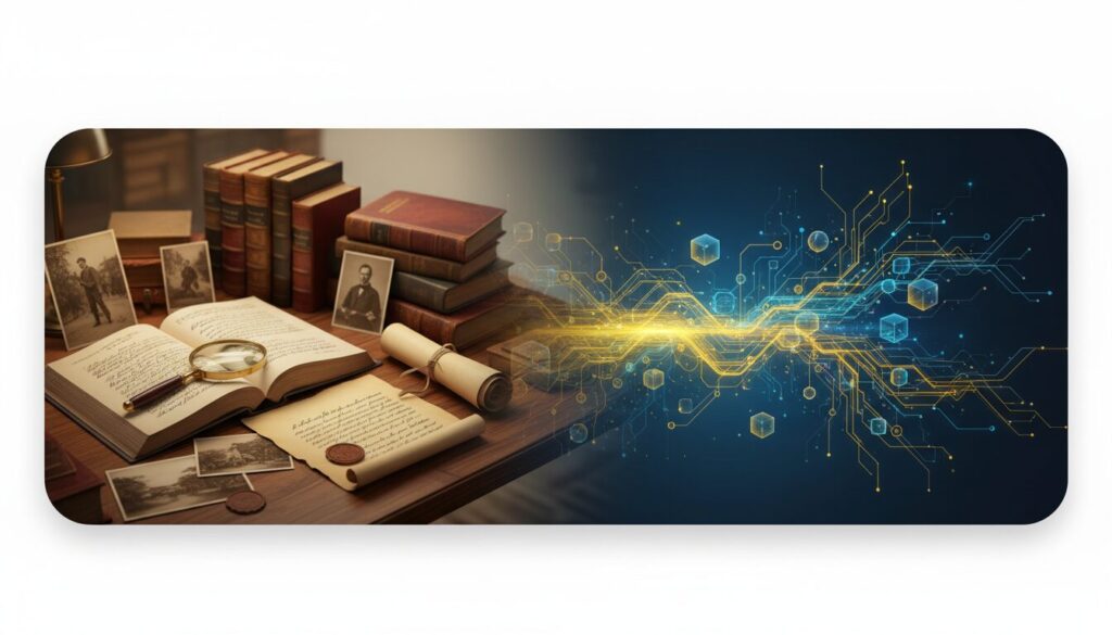 Antique desk with vintage research materials next to modern AI interface, blending past and future.