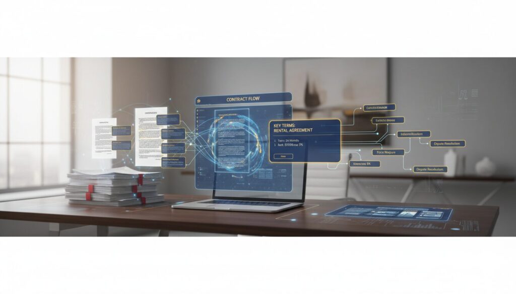 Automated contract analysis workspace with holographic document interface, AI highlights, and modern office setting.