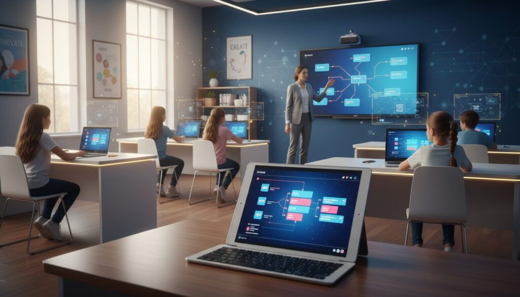 Classroom with AI tech, teacher guiding students using tablets, laptops, interactive displays.
