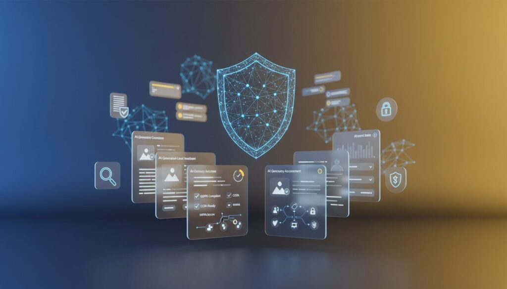 Digital privacy interface with holographic shield, AI workflows, and compliance checkboxes on gradient background.