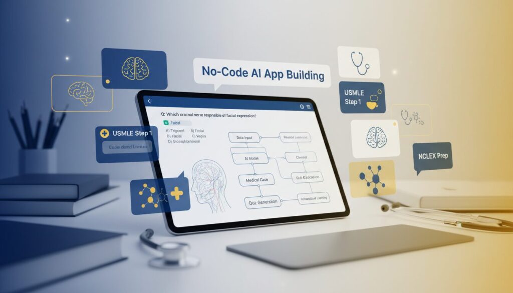 Digital workspace with tablet showing medical quizzes, floating holograms, and study materials in blue and gold hues.