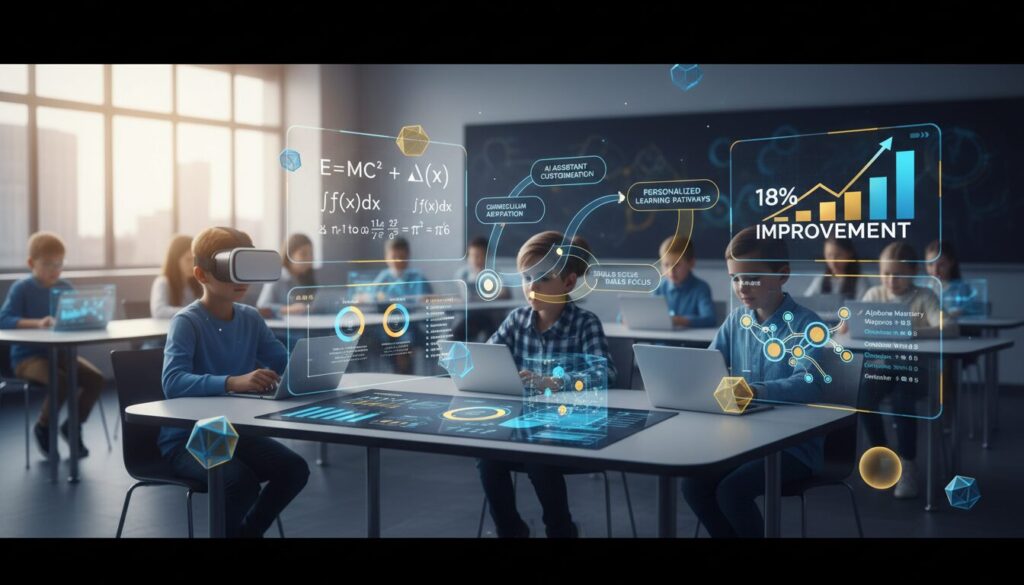Diverse classroom with holographic AI interface, students using tablets, and floating math concepts.