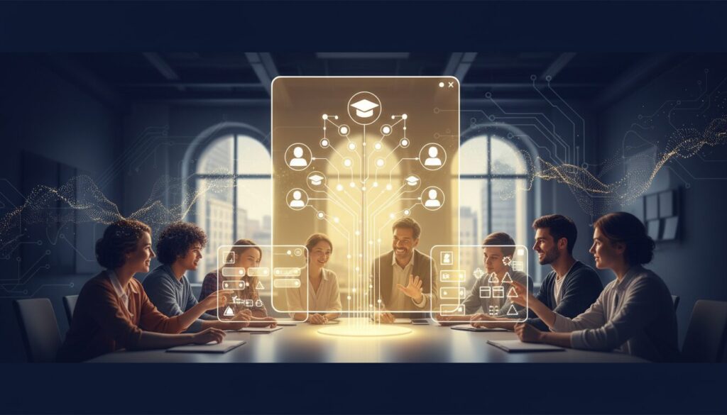 Diverse group collaborates with holographic AI in modern learning space, glowing nodes symbolize growth.