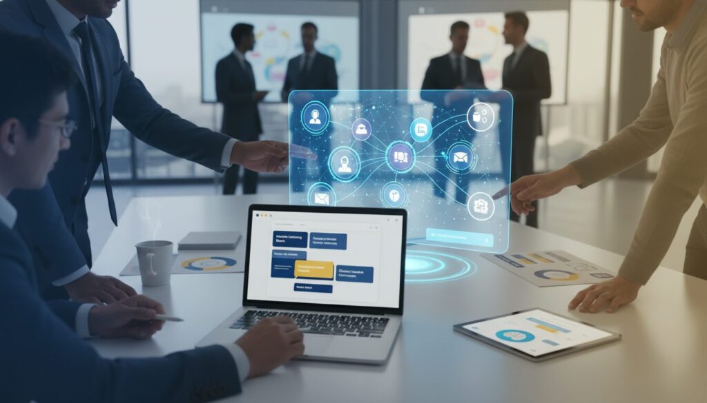 Diverse hands collaborate on digital dashboard with AI pathways, laptop, and tablet in modern workspace.