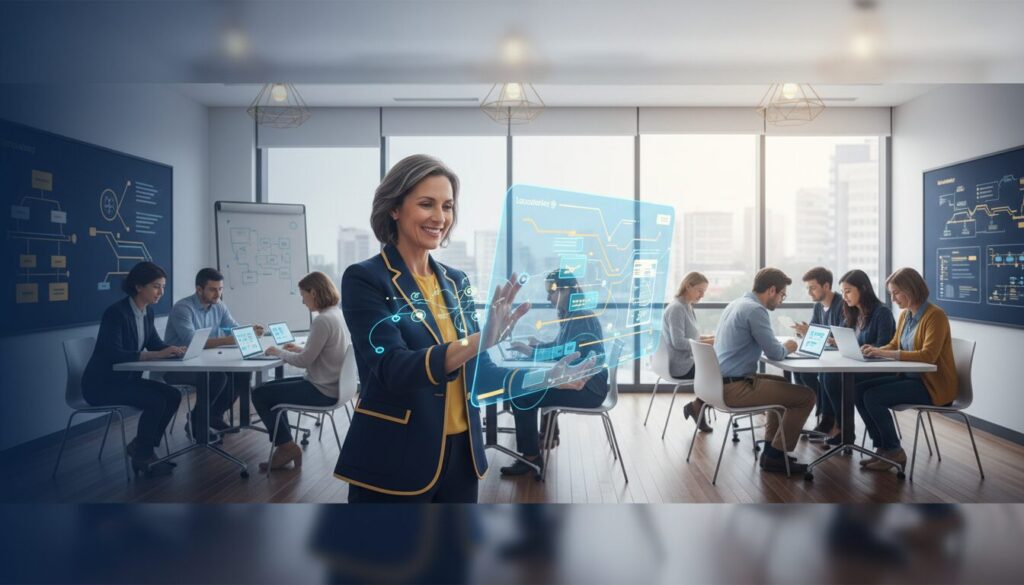 Diverse learners engage with tech in bright center, educator uses holographic AI interface.