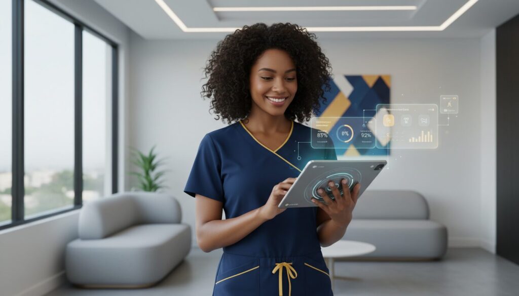Diverse medical professional in scrubs using a tablet with AI interface in a modern consultation room.