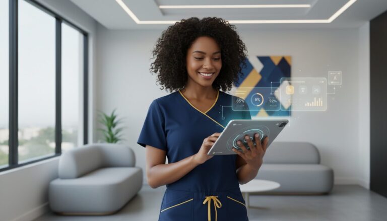 Diverse medical professional in scrubs using a tablet with AI interface in a modern consultation room.