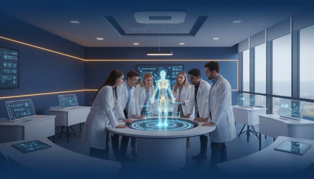 Diverse medical students around holographic 3D anatomy model in modern classroom.