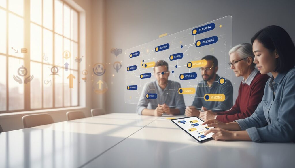 Diverse nonprofit team collaborates in a bright office with AI elements and no-code interface.