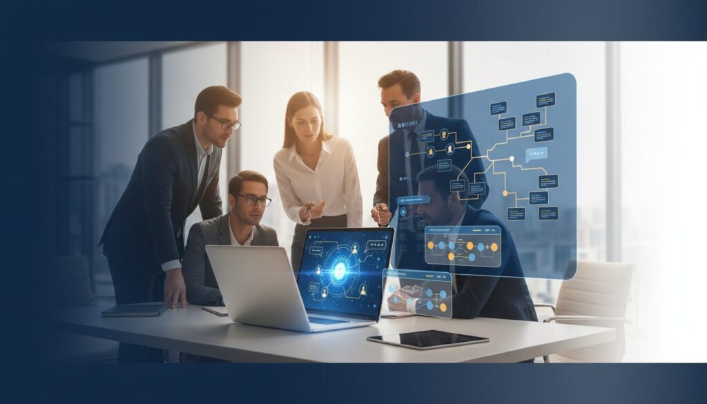 Diverse professionals discuss around a laptop with AI interface, holographic display, and flowcharts.