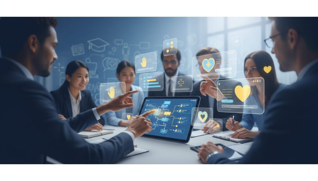 Diverse professionals engage with holographic AI display in a modern workspace, showcasing nonprofit missions.