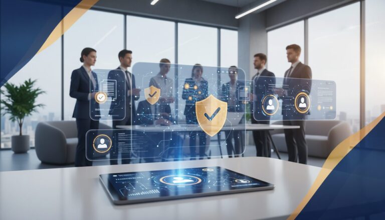 Diverse professionals engage with holographic AI interfaces in a modern office, displaying compliance symbols and data visuals.