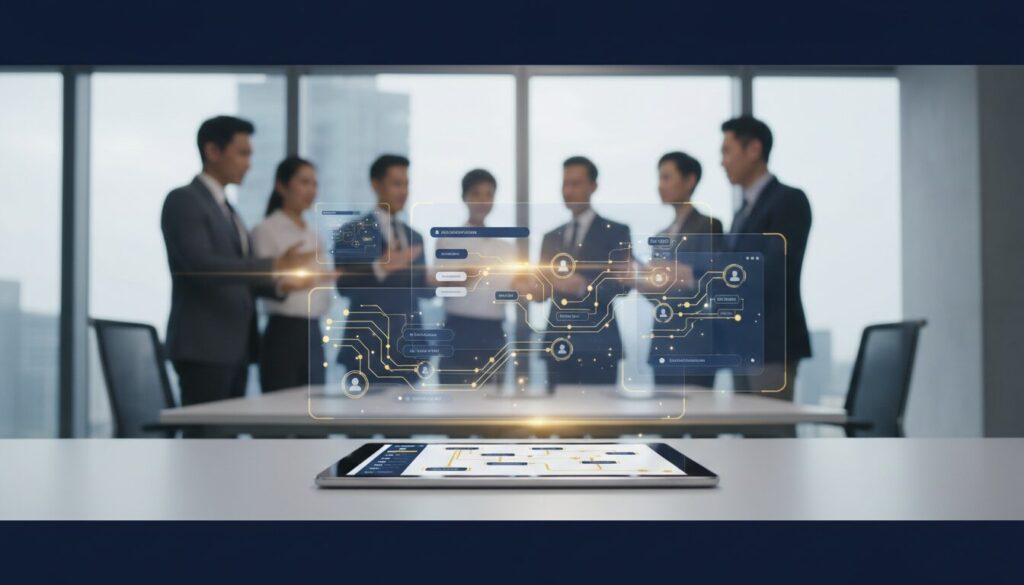 Diverse professionals in modern office using holographic AI training on sleek device.