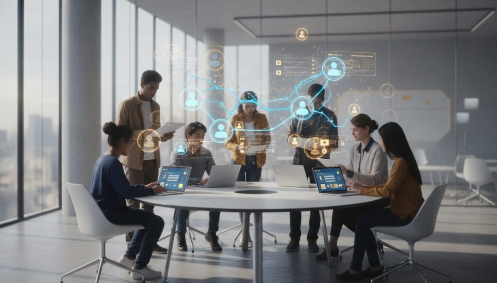 Diverse students interact with holographic AI nodes in a modern, tech-forward learning space.