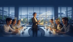 Diverse students using AI interfaces in modern university setting with glowing icons and digital dashboard.