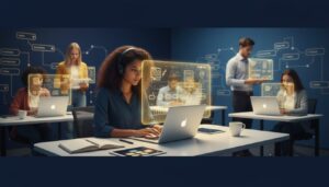 Diverse students with holographic AI in a digital classroom, deep blue and yellow tones.