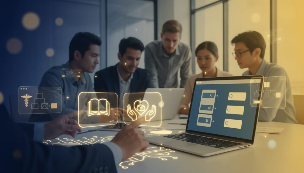 Diverse team collaborates at modern workspace, sleek laptop displays AI interface, healthcare and education icons hover.