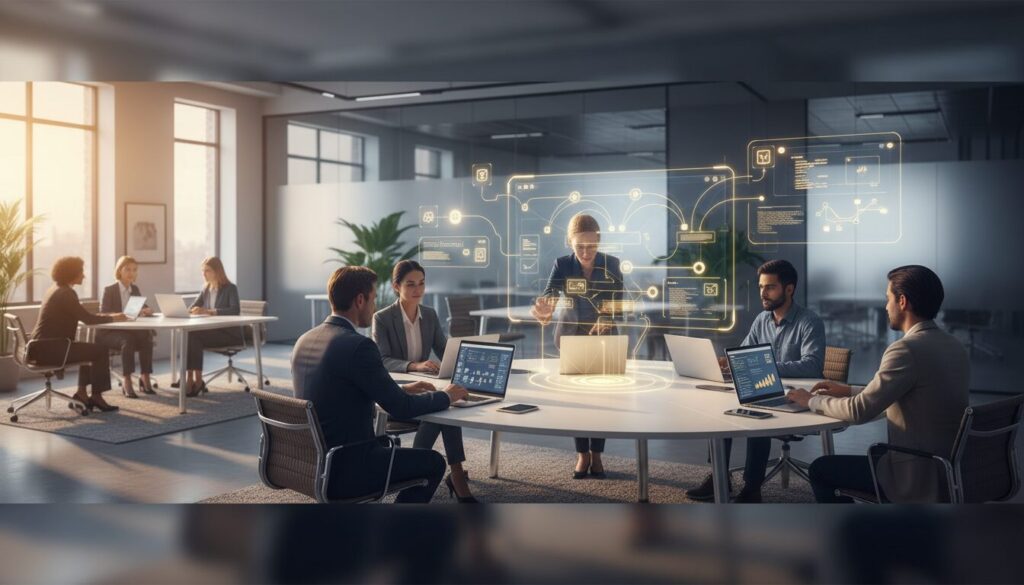 Diverse team in modern office using laptops for AI training with holographic interface.