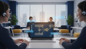 Diverse team in modern workspace with laptop showing AI interface, holographic chat, warm lighting.