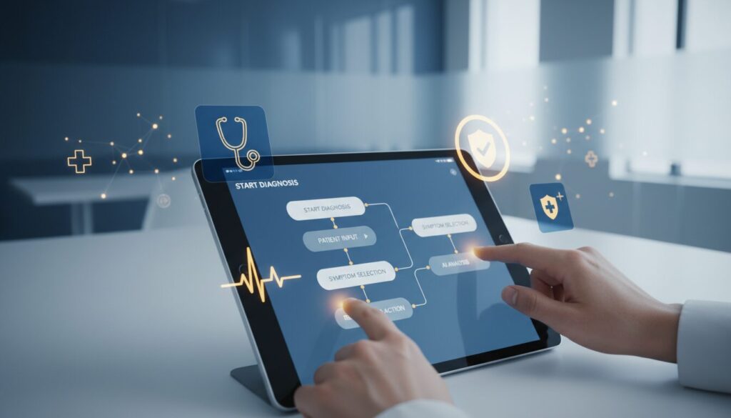 Doctor uses tablet with AI symptom checker, holographic medical icons, modern tech office.