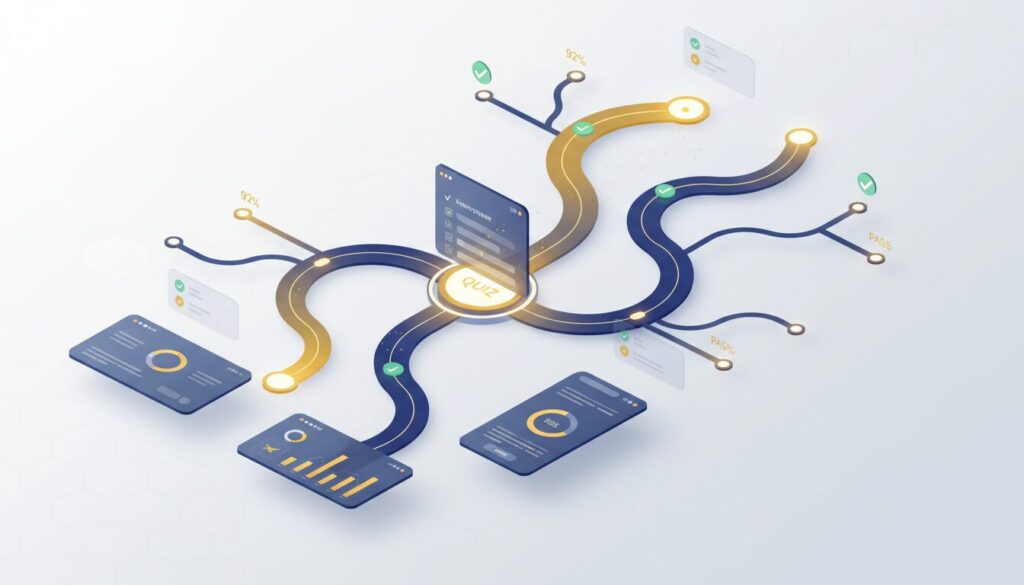 Educational tech banner with branching pathways, quiz UI, and glowing nodes in blue and gold.